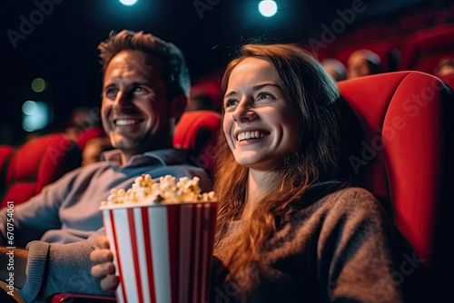 Caucasian woman and man in the cinema with popcorn 