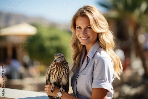 Smiling young female veterinarian with eagle looking at camera