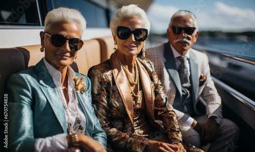 Senior Citizens And Friends Smiling And Happy Together In Fashionable Sunglasses
