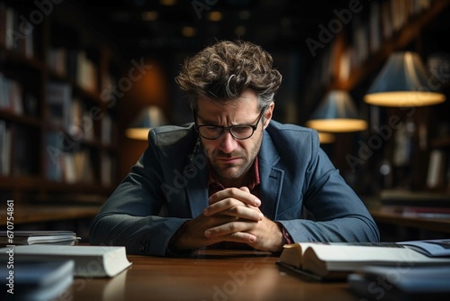 Serious man engrossed in conversation at library table