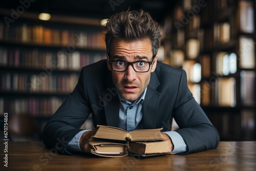 Serious man engrossed in conversation at library table