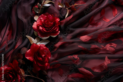 Dark elegant wallpaper made of red and black tulle fabric with vibrant red flowers. Aesthetic fashion, passion and love background. 