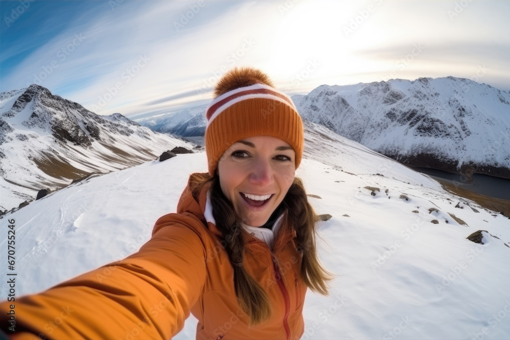 Social Media influencer Young hiker woman taking selfie video portrait on the top of mountain