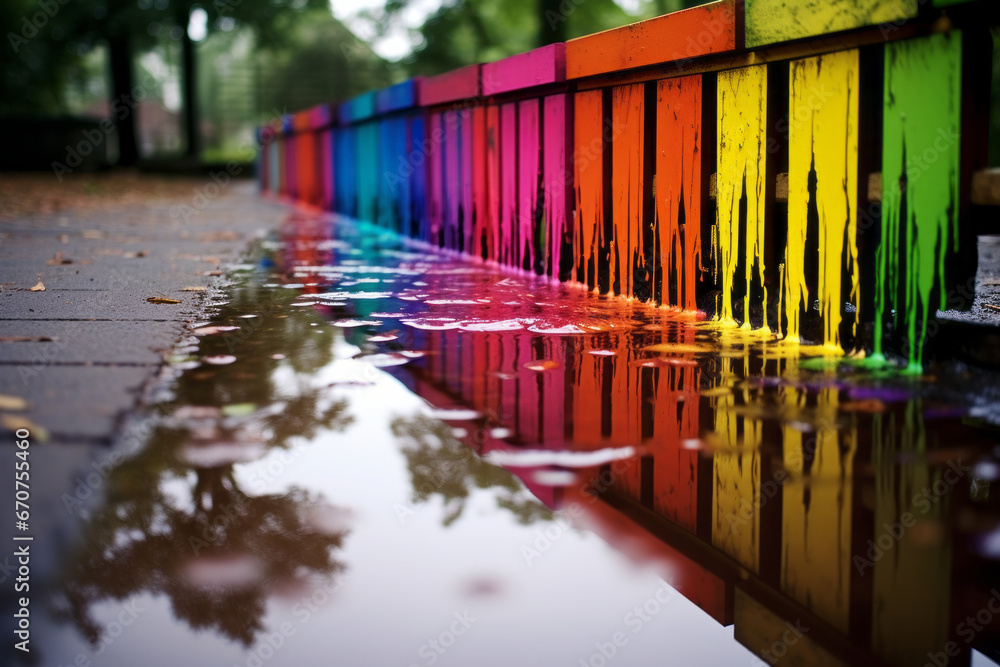 A city street covered in colorful paint. A city street covered in colorful paint.