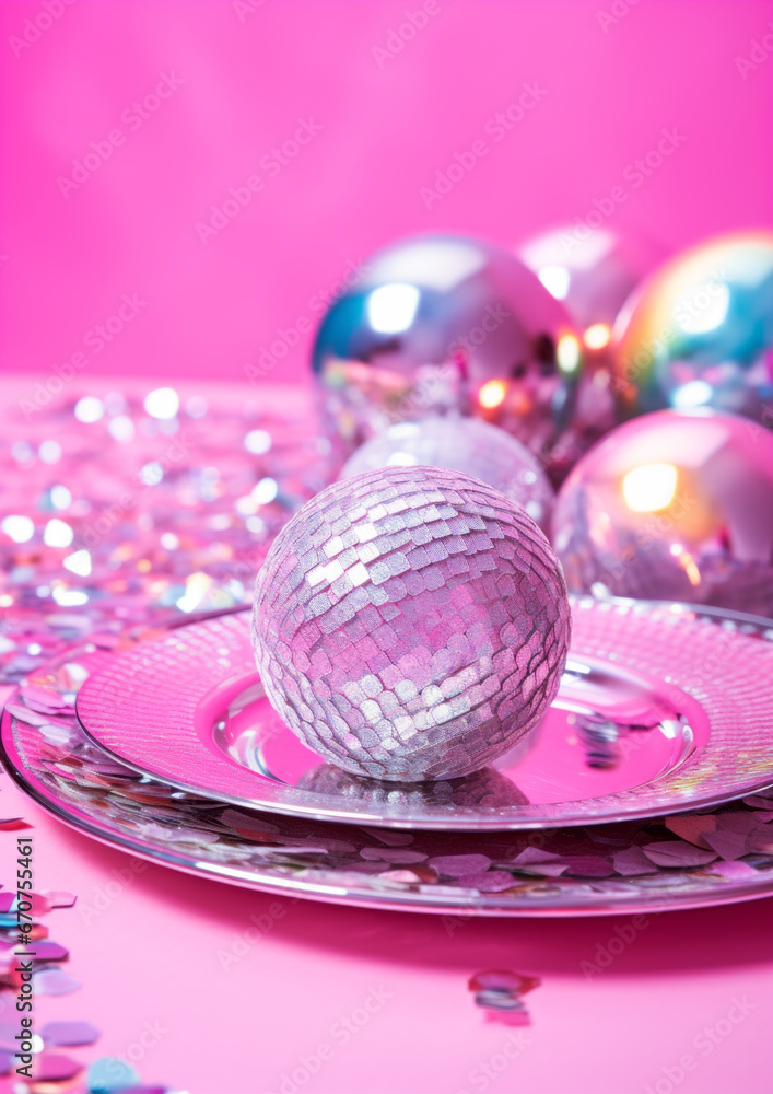 Pastel pink disco balls background. Concept of New Year celebration, party. Y2K retro aesthetic. Pastel pink disco balls background. Concept of New Year celebration, party. Y2K retro aesthetic.