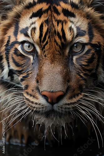 Close up of a Bengal tigers face with water  droplets and wet fur