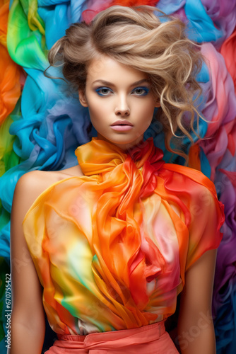 Beautiful young woman, fashion model in bright bold colors. Concept of fashion, beauty and youth.