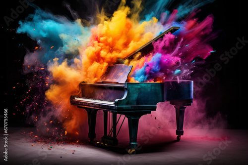 A piano with an explosion of colors. The concept of energetic and dynamic music, creativity and art.