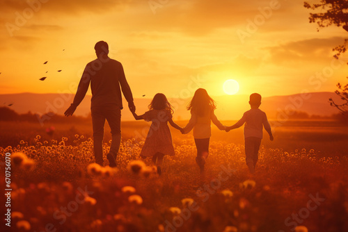Happy family, mother father and kids running on the meadow on sunset. High quality photo