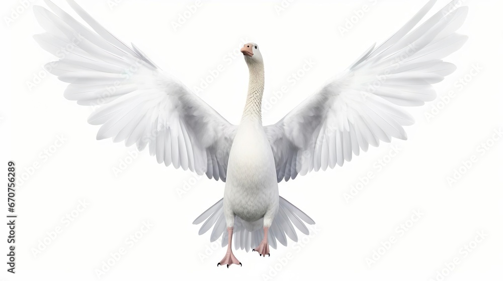 A beautiful white goose spread its wings wide The g