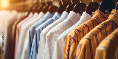 Row of mens formal shirts on hangers photo
