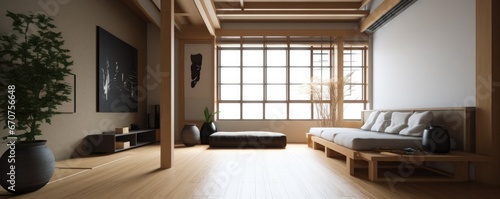 Banner - Living room in Loft in minimalist style is inspired by Japanese design. Architecture and Real estate, AI generative © Dalibor