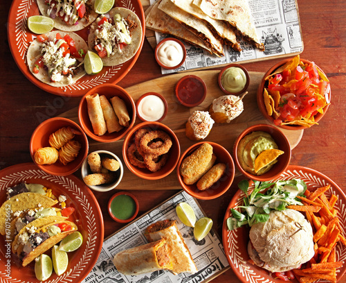 Set of Mexican dishes served on a wooden tray and wooden table in a restaurant