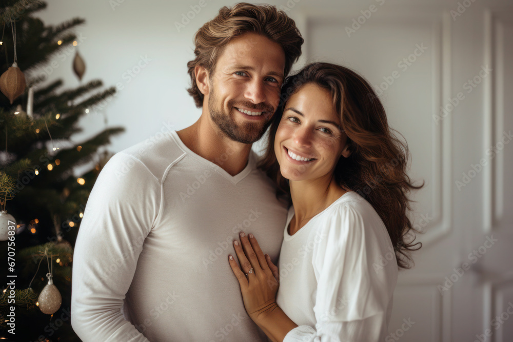 Obraz premium Happy beautiful couple celebrating Christmas at home