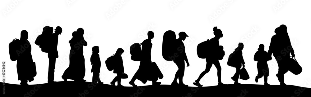 Group of walking migrants. Full-length silhouettes of men, women and children.Vector illustration.