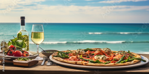 Mediterranean pasta and salad with glass of wine turquoise ocean in the background 