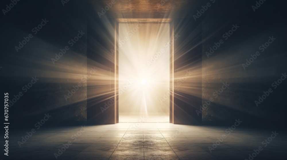 open door with light at the end, new life and opportunity concept, changes and right decision - obrazy, fototapety, plakaty 