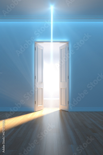 open door with light at the end, new life and opportunity concept, changes and right decision