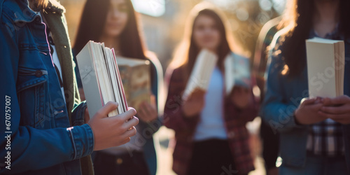 close up of students hands holding books photo