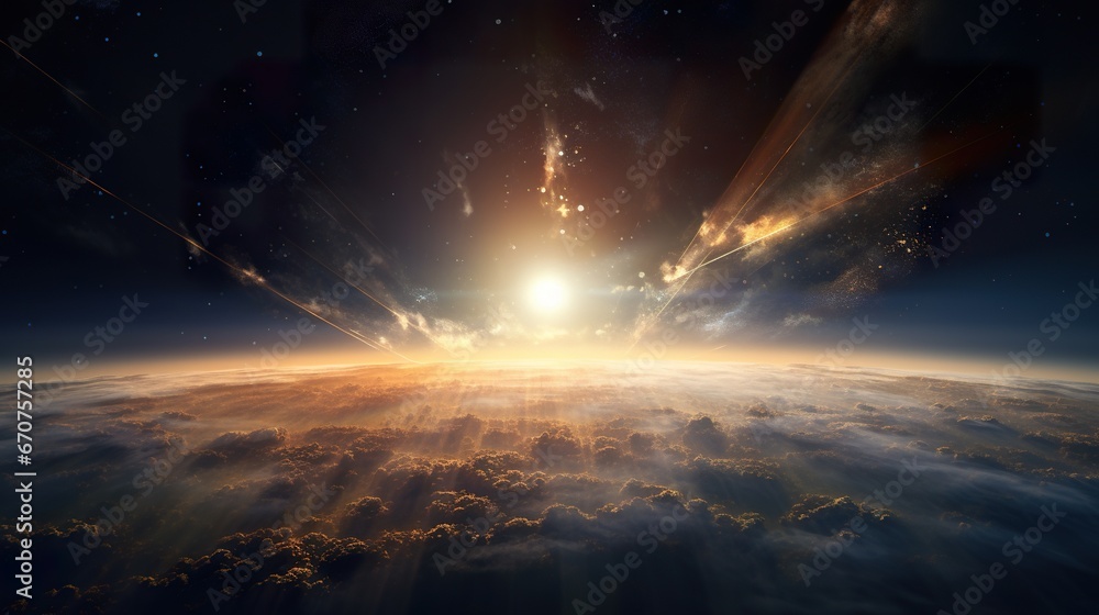 sunrise or sunset over planet Earth, clouds and atmosphere in rays of Sun, open space and stratosphere - obrazy, fototapety, plakaty 