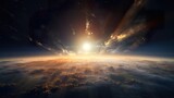 sunrise or sunset over planet Earth, clouds and atmosphere in rays of Sun, open space and stratosphere