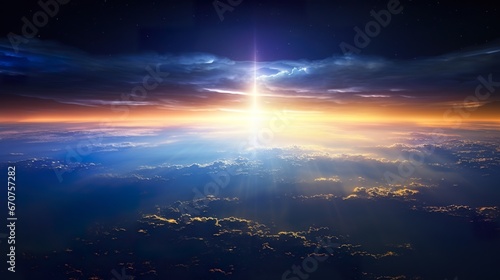 sunrise or sunset over planet Earth, clouds and atmosphere in rays of Sun, open space and stratosphere