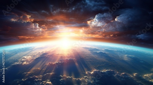 sunrise or sunset over planet Earth, clouds and atmosphere in rays of Sun, open space and stratosphere photo
