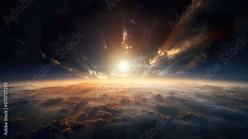 sunrise or sunset over planet Earth, clouds and atmosphere in rays of Sun, open space and stratosphere photo