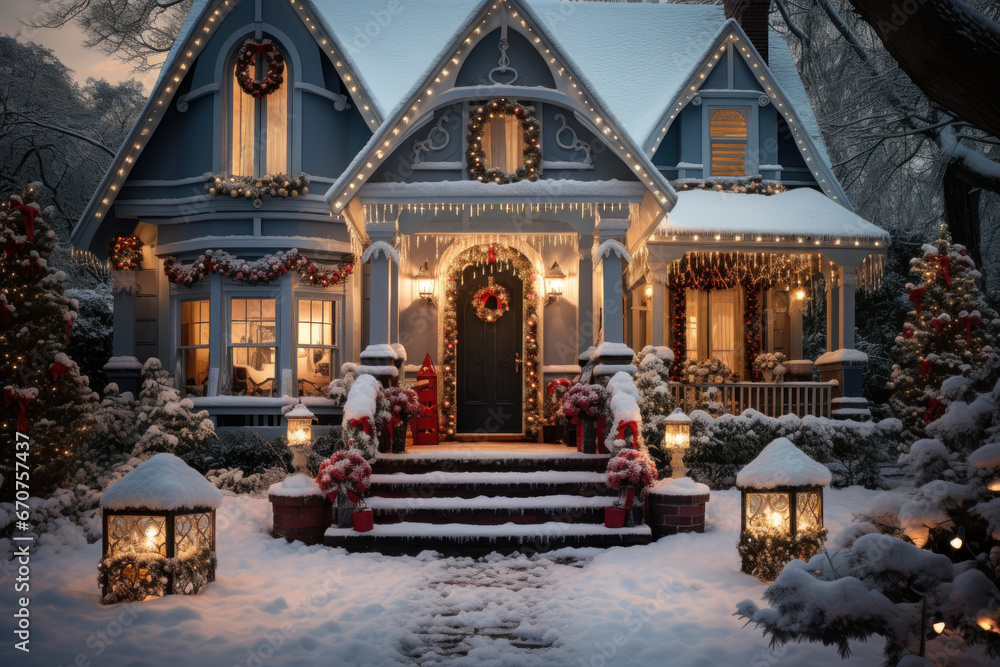 A wintery Christmas scene unfolds as a house adorned with radiant lights takes center stage in a vintage style. A picturesque Christmas village blanketed in snow. Generative Ai.