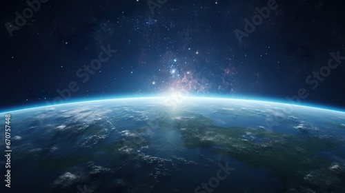 sunrise or sunset over planet Earth, clouds and atmosphere in rays of Sun, open space and stratosphere © goami