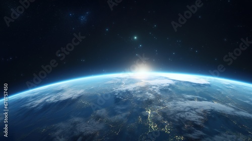 sunrise or sunset over planet Earth, clouds and atmosphere in rays of Sun, open space and stratosphere