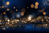 An abstract background comes to life with dark blue and gold particles, creating a Christmas-inspired bokeh effect against a navy blue backdrop. Generative Ai.