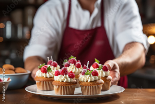 A skilled pastry chef adorns muffins with raspberries  expertly decorating cupcakes with fresh berries in a close-up shot. Ample space for text. Generative Ai.