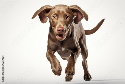 A playful and contented brown Weimaraner dog frolics, isolated against a transparent background. Generative Ai.
