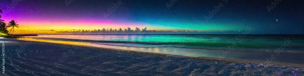 Banner panorama of night tropical beach, ocean, background for your design