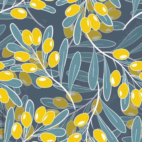 Seamless pattern with sea buckthorn. Natural fresh ripe tasty berries. Vector illustration for background, packaging, textile, fabric and various other designs