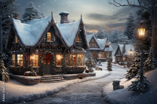 A snow-covered Christmas village comes to life in vintage style, forming a picturesque landscape perfect for holiday celebrations and festive cards. Generative Ai.