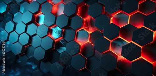 red, blue and orange honeycomb hexagon 3d background, geometry texture pattern, futuristic geometric structure design