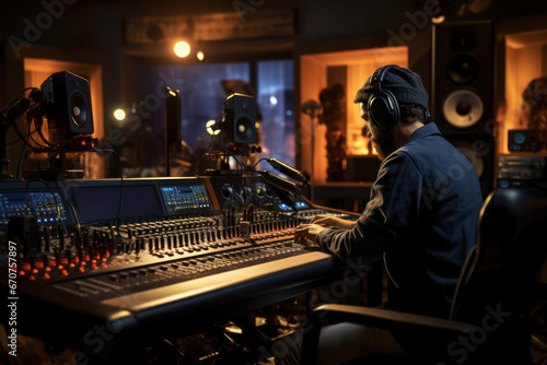 A professional studio microphone is the centerpiece, with a musician in the background and an audio mixer nearby. This setup captures the essence of musical creativity. Generative Ai. photo