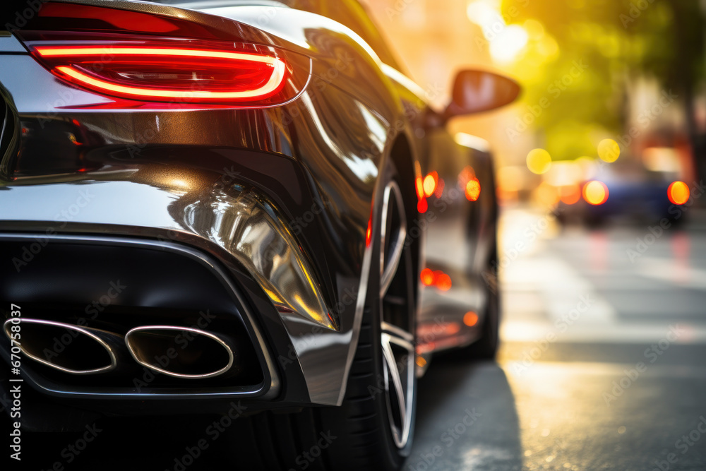 The stainless steel exhaust tip of a sports car takes the spotlight, with a car showroom serving as a bokeh-laden backdrop. The dual exhaust system enhances the rear of the black car. Generative Ai. - obrazy, fototapety, plakaty 