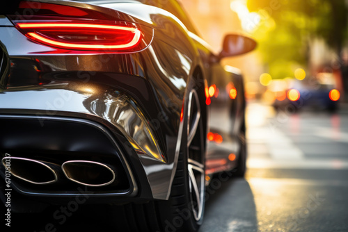 The stainless steel exhaust tip of a sports car takes the spotlight, with a car showroom serving as a bokeh-laden backdrop. The dual exhaust system enhances the rear of the black car. Generative Ai. © Sebastian