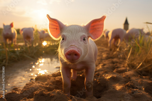 Ecological pigs and piglets thrive at a domestic farm, highlighting sustainable and eco-friendly animal farming practices. Generative Ai. © Sebastian
