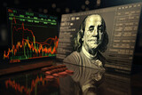 A close-up captures Benjamin Franklin's face on a USD banknote, juxtaposed with a stock market chart graph, symbolizing the interplay of currency exchange. Generative Ai.