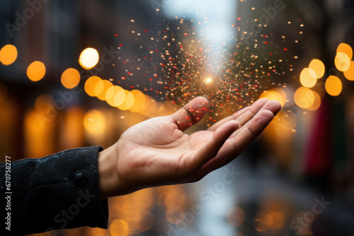 A hand reaches out to touch the year 2024 amidst a backdrop of bokeh, symbolizing the readiness and anticipation for a merry Christmas and happy new year. Generative Ai. © Sebastian