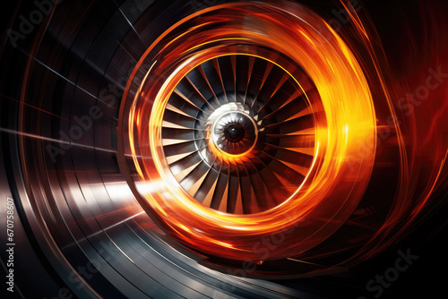 Advanced engineering illustration, depicting the turbine blades of a jet engine hi tech environment