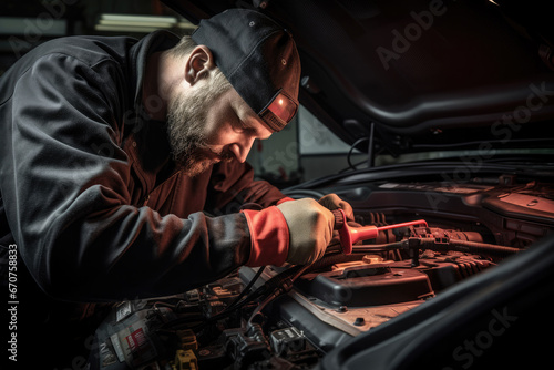 Mechanic working on car engine 