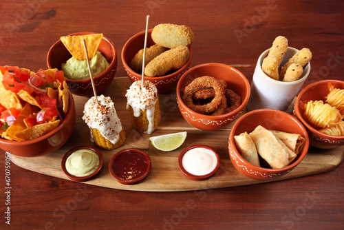 Mexican food on a wooden tray