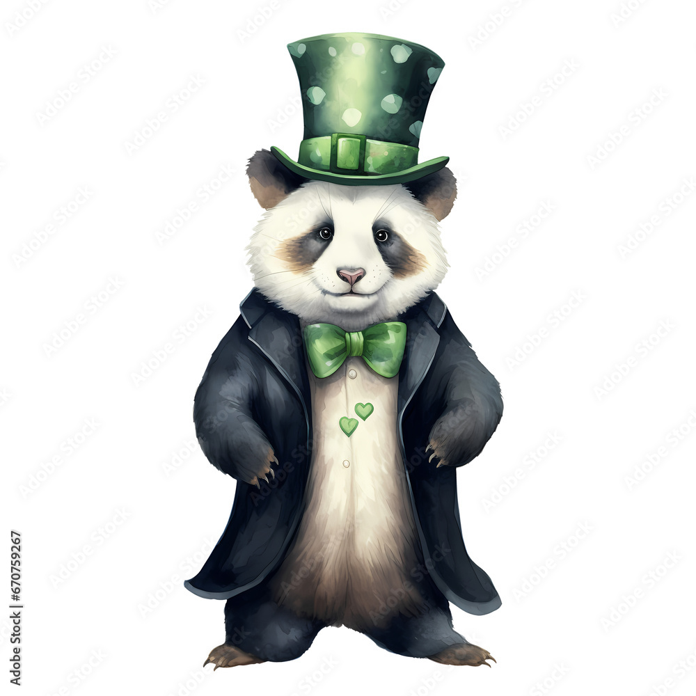 Watercolor Cute St Patrick Panda Clipart Illustration