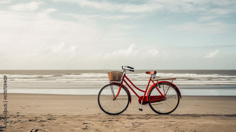 Fototapeta premium old vintage red bicycle on beach at sea background