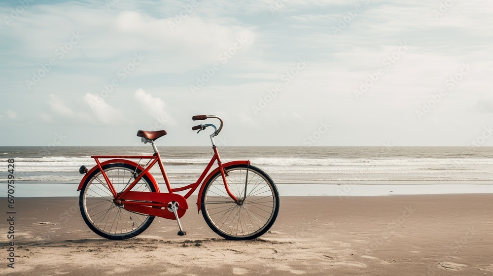 Fototapeta premium old vintage red bicycle on beach at sea background